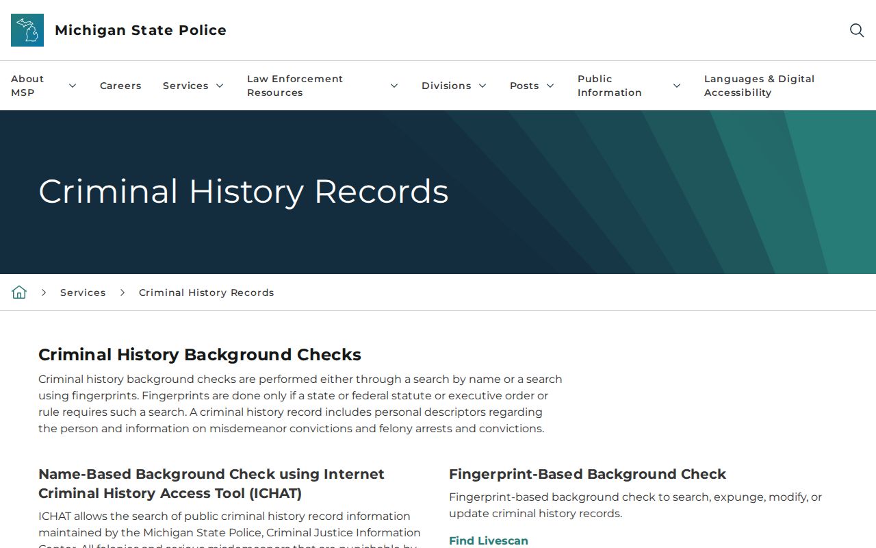 Michigan ICHAT page showing that Mecosta County warrant information is excluded from criminal-history results