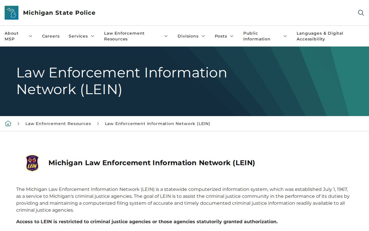 Michigan LEIN restricted access page showing why Mecosta County warrant records are not publicly searchable there
