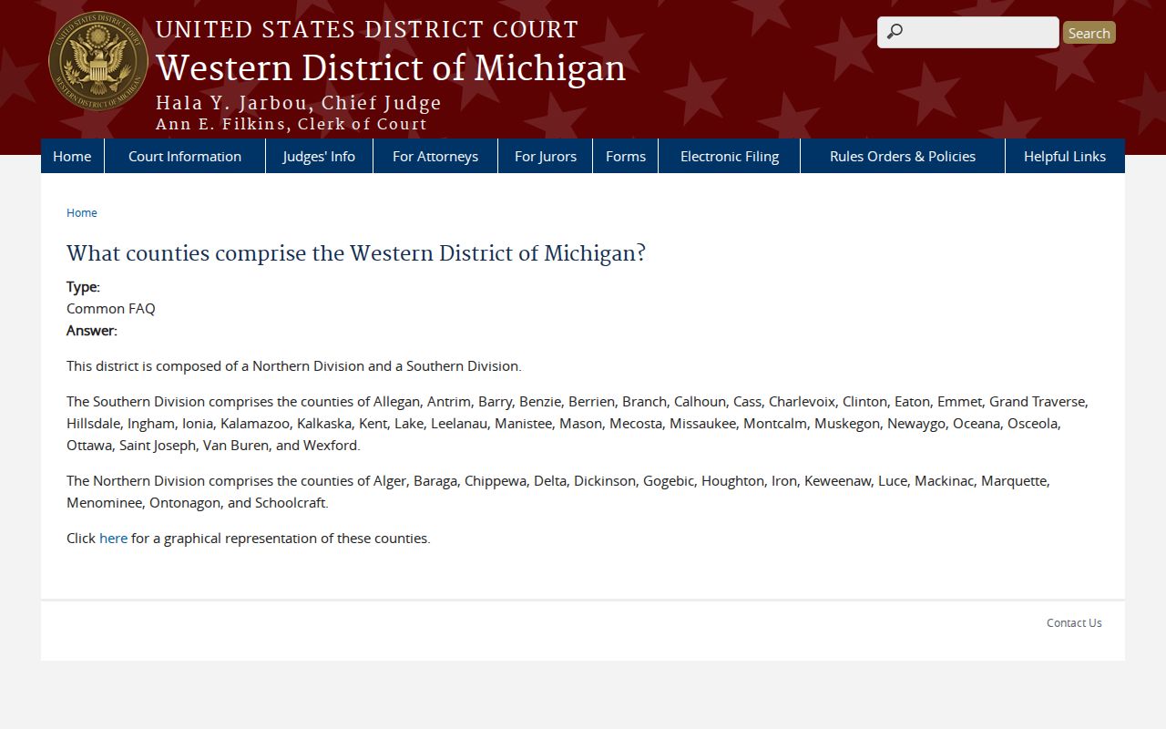 Western District of Michigan map showing Mecosta County in the Southern Division for federal warrant matters