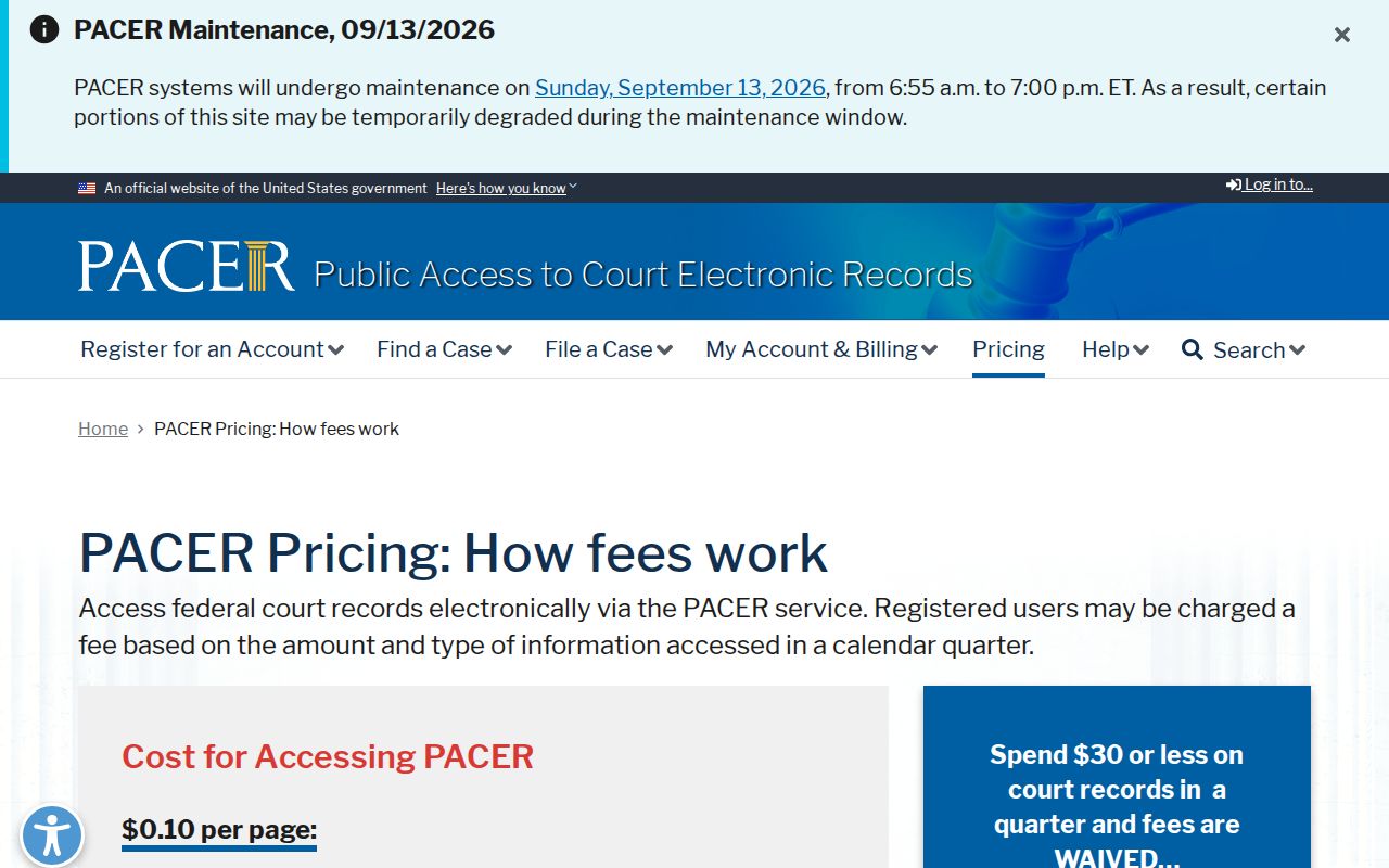 PACER fee page for federal docket searches that are separate from Mecosta County arrest warrant records