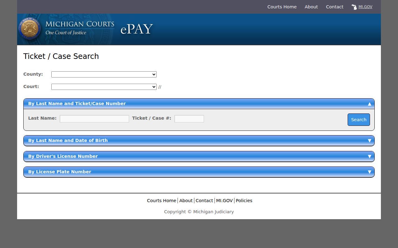 Michigan ePAY ticket search form used as a starting point for a Mecosta County traffic warrant check